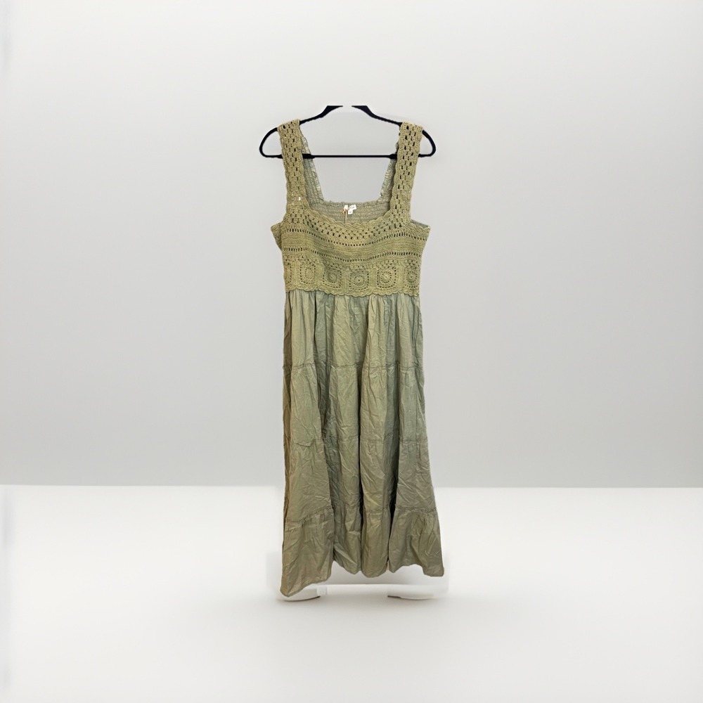 NWT Kings Road Women's 1X Green Crochet Detail‎ Maxi Dress Olive Green Boho